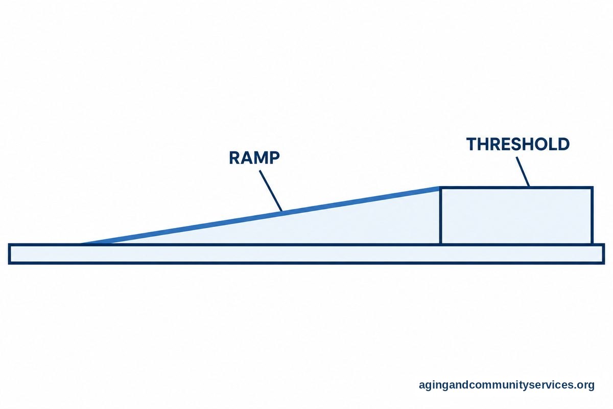 A side section shows a wedge shaped ramp rising from a lower floor to the top of a raised doorway threshold.