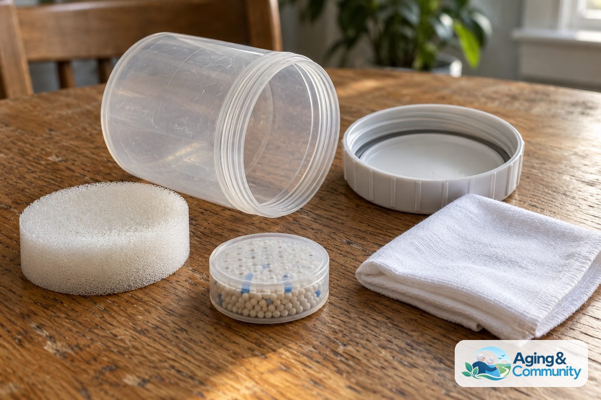 An empty drying cup sits beside a folded dry cloth, its detached lid, a foam insert, and a contained desiccant capsule.