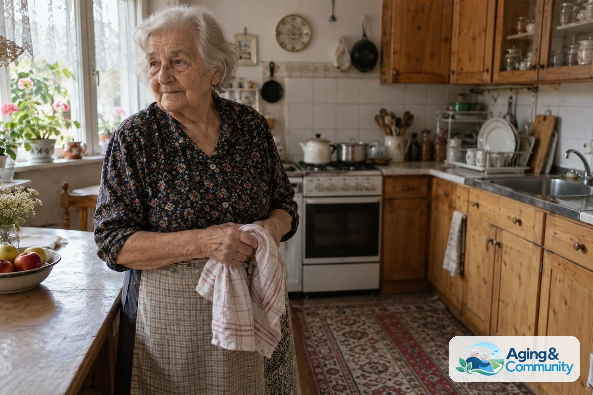 How to Modify Old House Spaces for Safer Living 1 A candid documentary-style photograph of a woman in her late 70s standing in a modest kitchen with worn wooden cabinets, a patterned rug, and a small table, natural light streaming from a window.