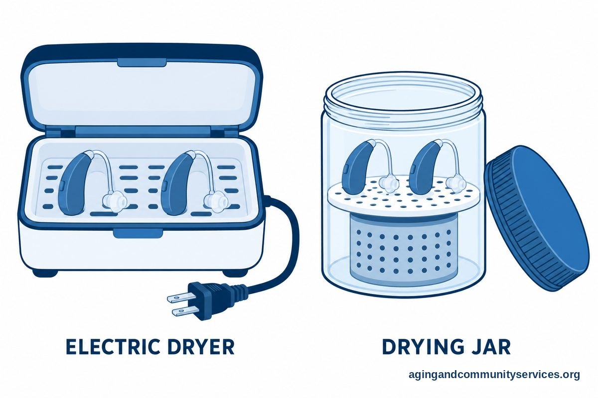 An electric hearing aid dryer with a power cord appears beside an open drying jar containing a perforated desiccant canister.