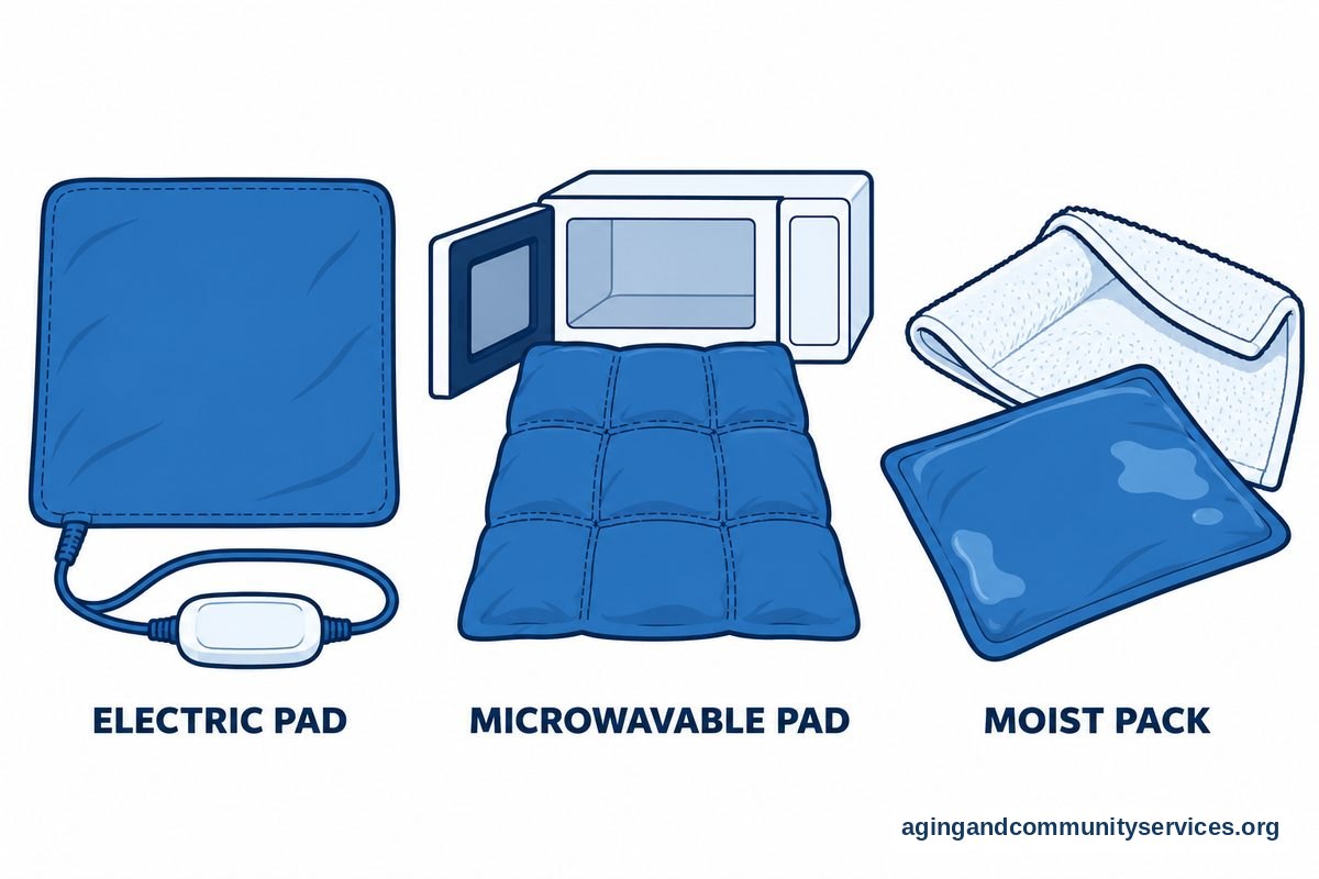 Three drawings show a corded electric pad, a stitched microwavable pouch, and a moist heat pack beside its open towel wrap.