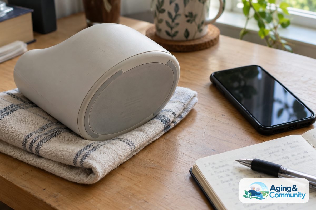 An ElliQ base rests on its side on a folded towel beside a smartphone, a notebook, and a pen, with its underside label visible but unreadable.