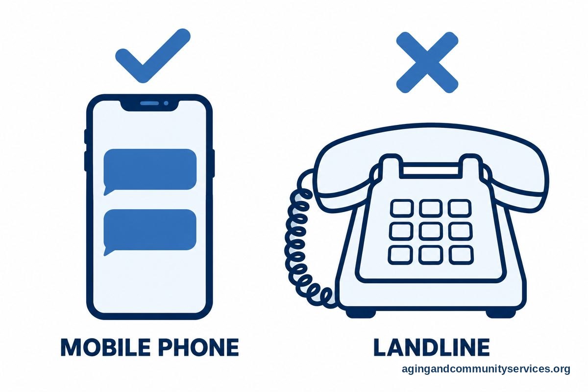 A smartphone displaying blank message bubbles appears beneath a check mark beside a corded desk telephone beneath a cross.