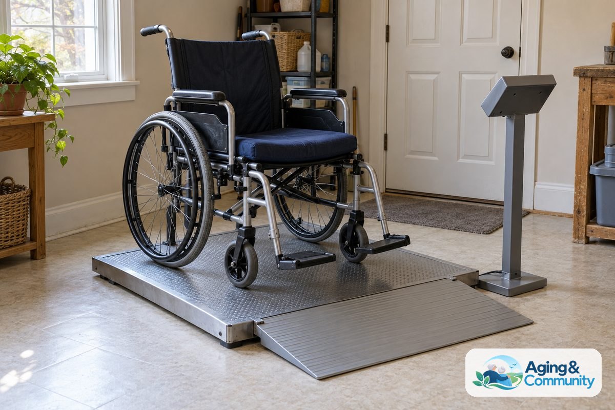 How to Use Wheelchair Scale Safely and Accurately 2 An empty manual wheelchair with a seat cushion and attached footrests rests entirely on a platform scale.