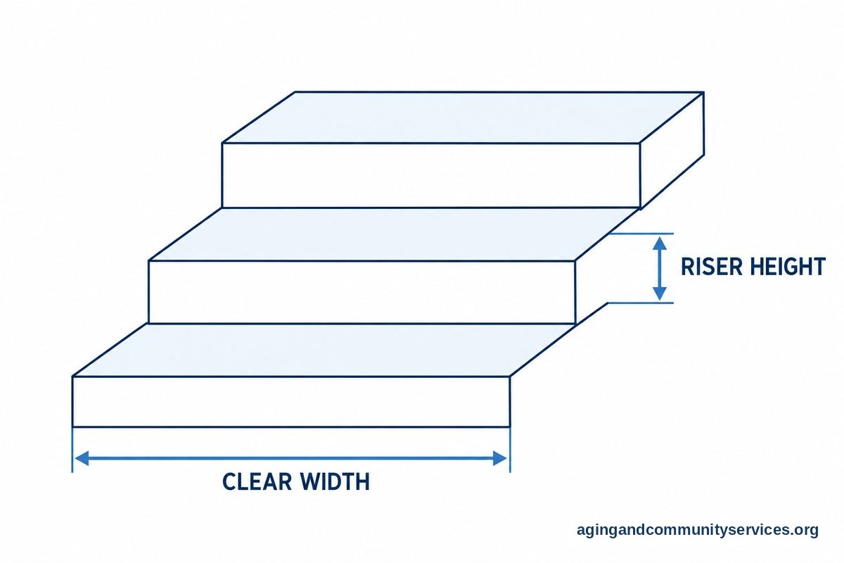 A drawing of three entrance steps shows a horizontal dimension arrow across the clear stair width and a vertical dimension arrow beside one riser.