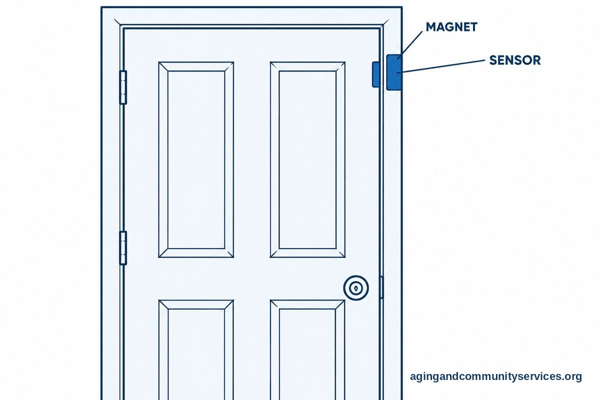A diagram of a closed entry door shows a large sensor on the frame and a smaller magnet aligned beside it on the door.