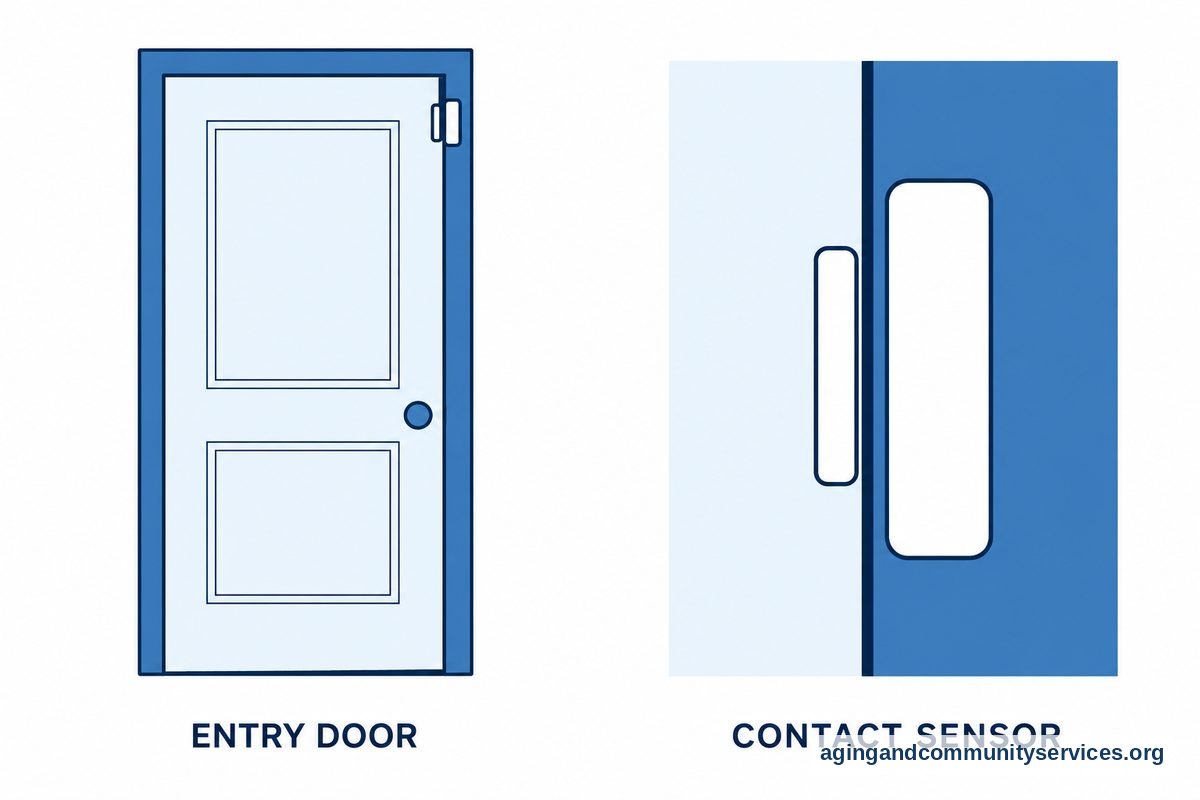 A diagram shows a closed entry door beside a close view of two aligned contact sensor pieces mounted on the door and frame.
