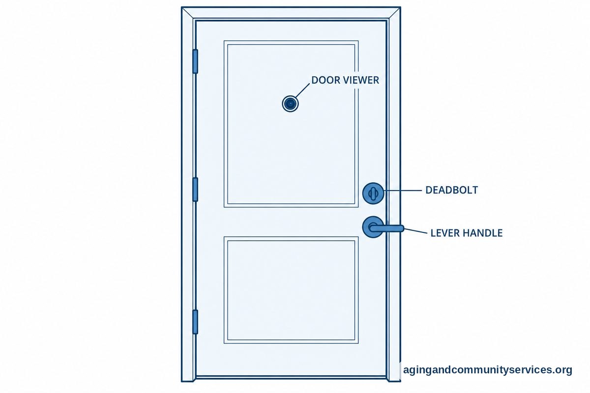 Home Protection Tips for Seniors Living Alone 2 A large interior view of a front door shows a door viewer, a deadbolt, and a lever handle identified by three short callouts.