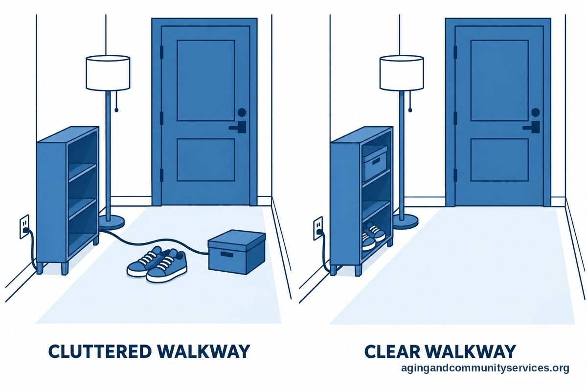 Two drawings show the same entryway with shoes, a box, and a loose cord across the floor, then with those items moved out of the walking path.