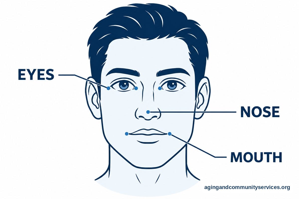A large illustrated face has three short leader lines pointing to the eyes, nose, and mouth.