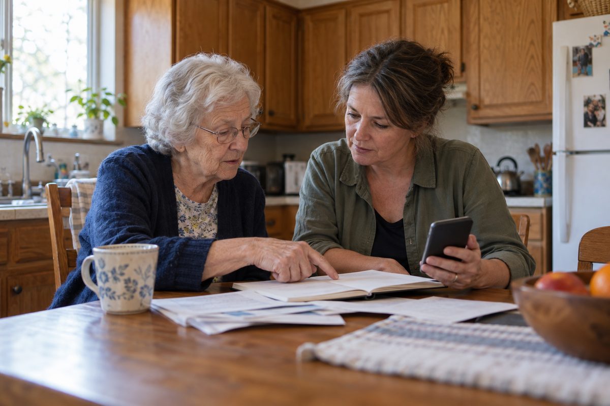 Caregiver Support: Programs, Respite, and Where to Start 1 An older woman and a middle aged woman sit at a wooden kitchen table with a phone, an open notebook, and several papers.