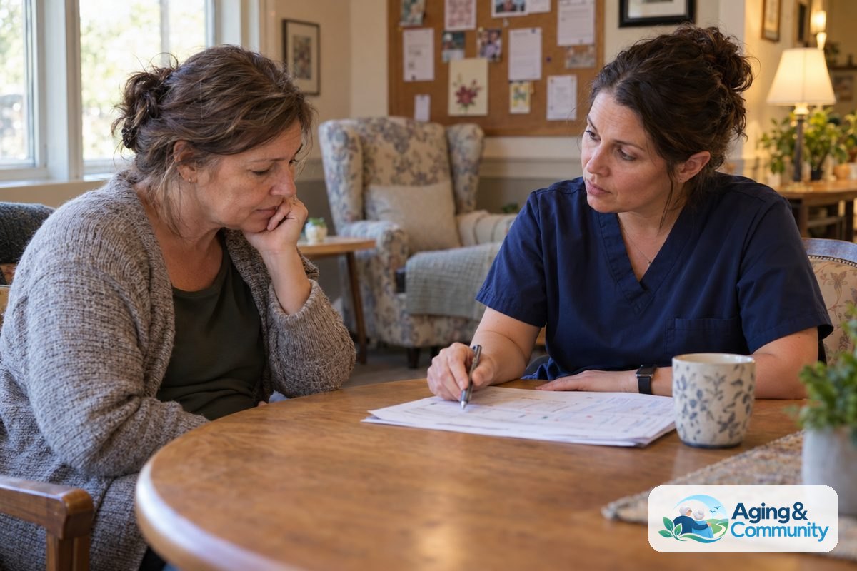 A middle-aged daughter sits at a small wooden table talking attentively with an on-duty nurse reviewing printed care notes.