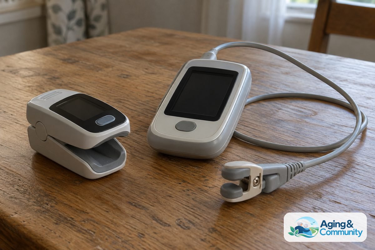 A fingertip pulse oximeter and a separate wired ear sensor with its matching monitor lie on a wooden tabletop.