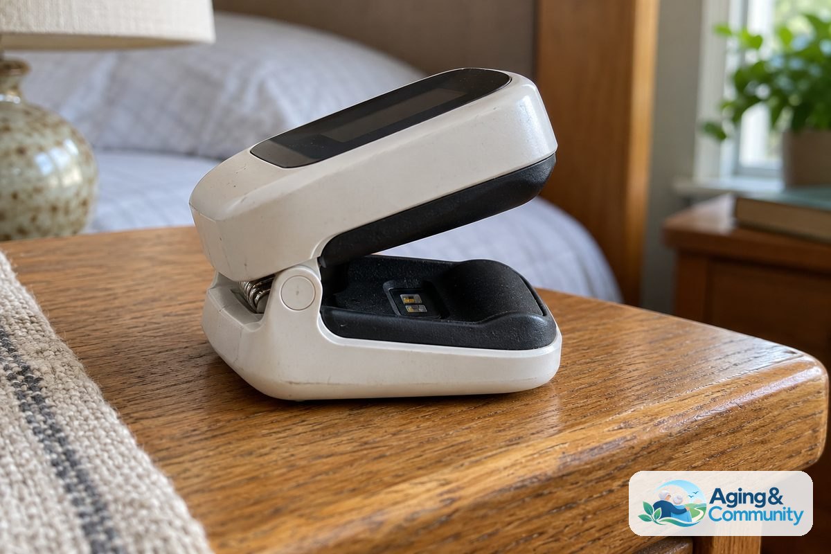 How to Use CPAP With Oxygen at Home Safely 5 An open fingertip pulse oximeter rests on a wooden bedside table with its padded finger recess and dark display visible.