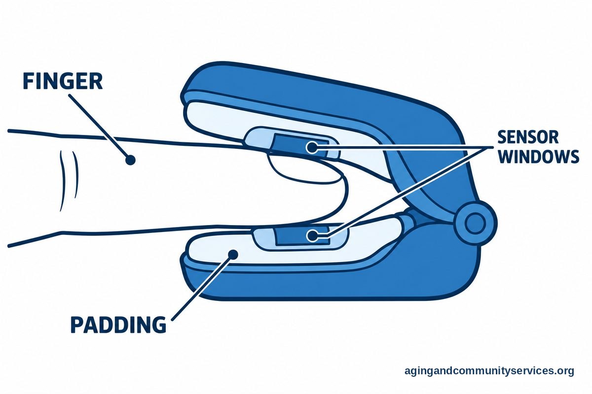 A side cutaway of a fingertip pulse oximeter shows a finger resting between two padded jaws with sensor windows above and below the fingertip.