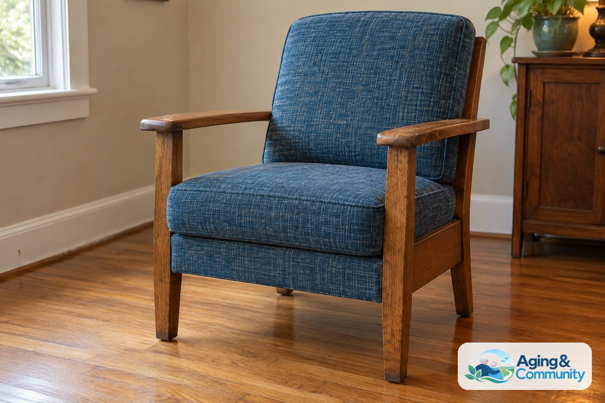 Why Fall Prevention Is Important for Older Adults 3 A firm upholstered armchair with wooden armrests and four stationary legs stands on a bare wood floor with open space in front.