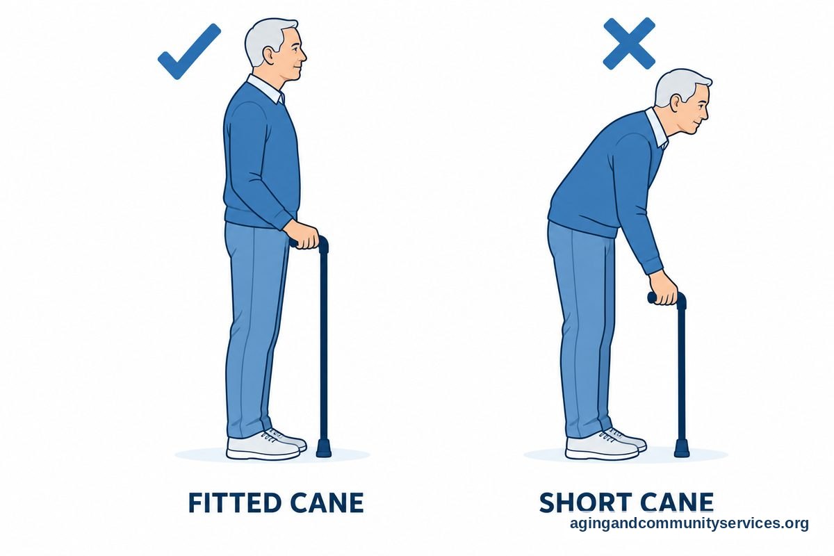 Two side views compare an upright figure using a fitted cane with a stooped figure using a short cane.