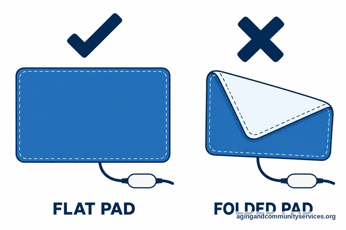 A flat rectangular heating pad appears beside a check mark, while the same pad folded sharply over itself appears beside a cross.