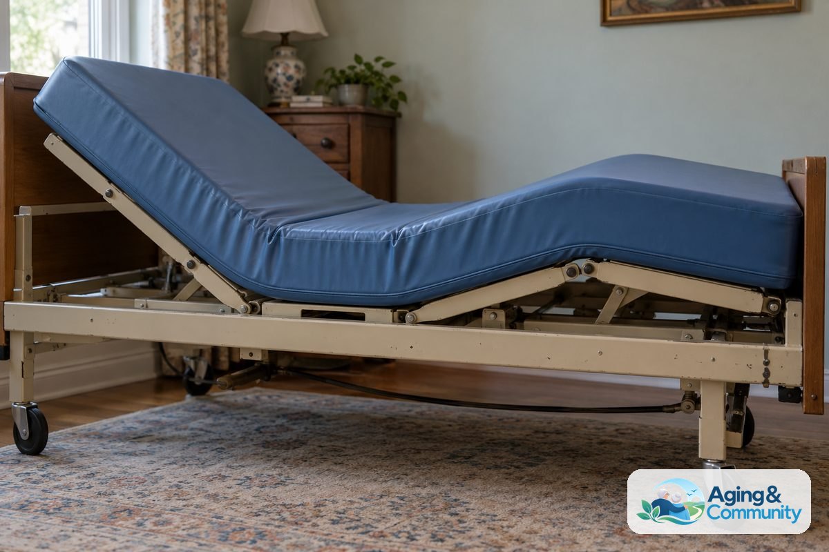 A covered medical mattress follows the raised head and knee sections of a hospital bed, with its side seam and frame hinges visible.