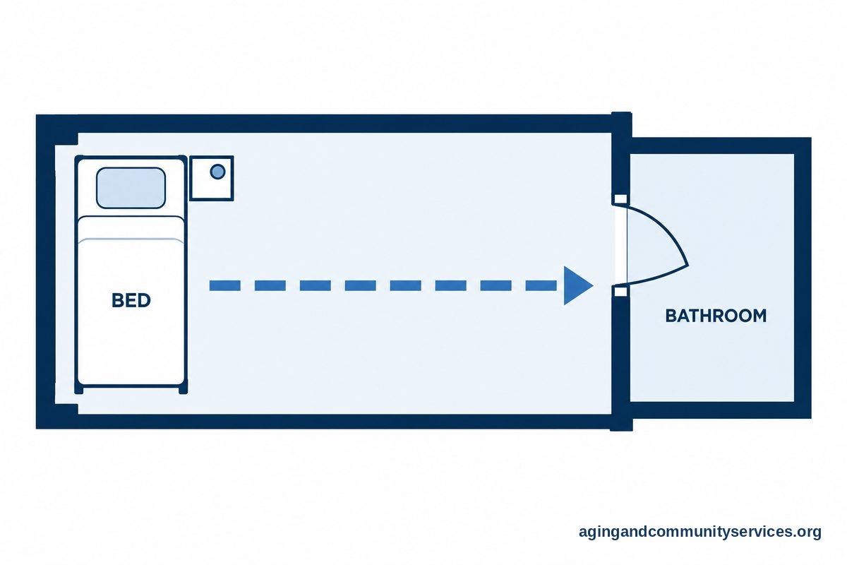 A top-down architectural layout diagram illustrating a clear, unobstructed path from a care home bed directly to the bathroom door.