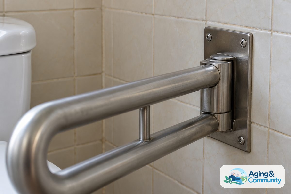 A stainless steel fold down grab bar extends from a rectangular wall plate beside a toilet.