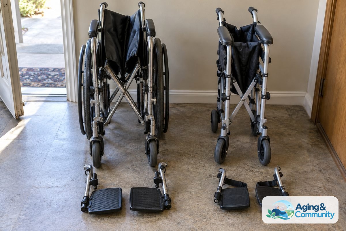 A folded manual wheelchair and a folded transfer chair stand beside each other, showing their collapsed seats, frames, and different wheel sizes.