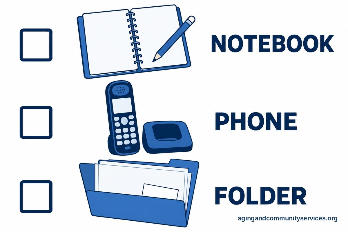 A vertical illustrated checklist shows a spiral notebook, a telephone, and an open folder holding papers.