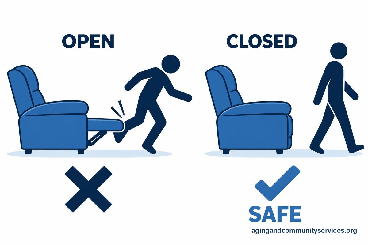 How to Use a Recliner Safely and Comfortably 3 A flat vector diagram in a right‑wrong layout comparing an open footrest (danger) with a closed footrest (safe).