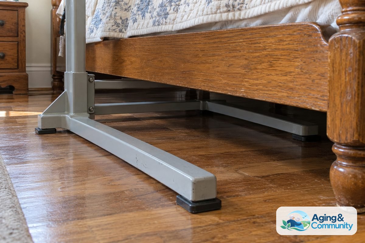 How to Use a Trapeze Bar Safely in Bed at Home 3 A steel trapeze base extends beneath a wooden bed frame while the adjacent floor remains clear.