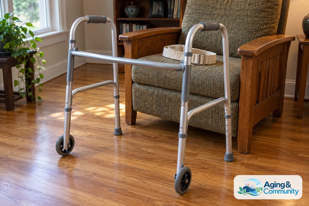 How to Use Gait Belt YouTube Tips and Safe Steps 4 A front wheeled aluminum walker stands directly in front of a firm armchair with wooden armrests, with a cotton gait belt resting on the seat.