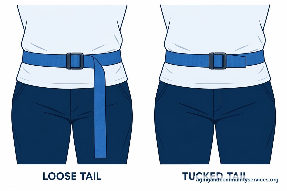 How to Use a Gait Belt Pictures and Step-by-Step Guide 3 Two views of the same clothed waist show a gait belt with a hanging strap tail and then with the tail tucked flat.