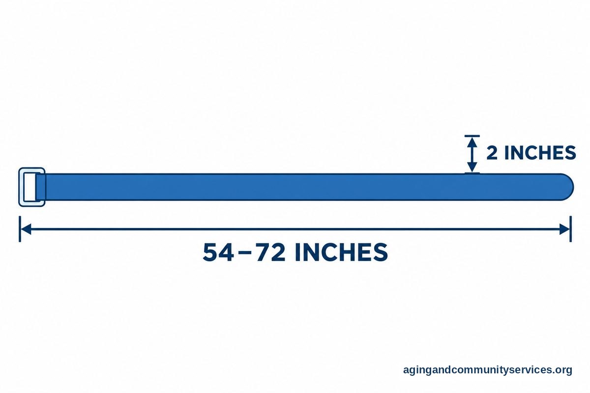 How to Choose a Gait Belt: A Practical Caregiver Guide 4 A flat drawing of an extended gait belt shows a two inch width arrow across the strap and a length arrow labeled 54 to 72 inches beneath it.