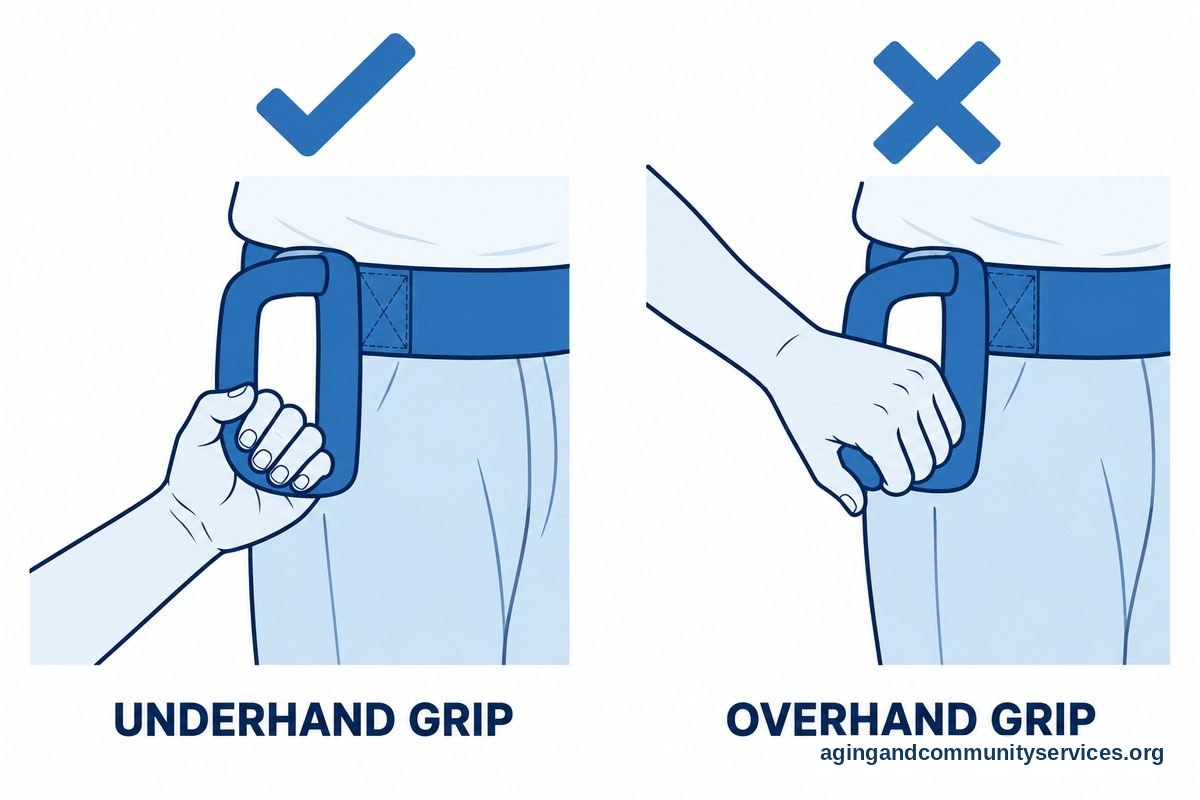 How to Use Gait Belt YouTube Tips and Safe Steps 3 Two close views compare a palm facing upward beneath a gait belt with a palm facing downward over it, marked with a check and a cross respectively.