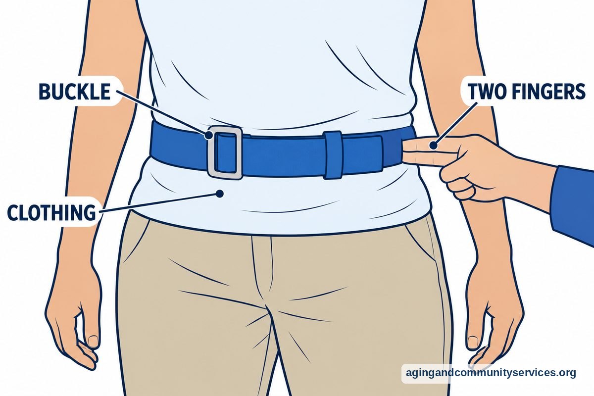 How to Use a Gait Belt Pictures and Step-by-Step Guide 2 A diagram shows a gait belt over a clothed waist, with callouts pointing to the buckle, shirt, and two fingers beneath the strap.