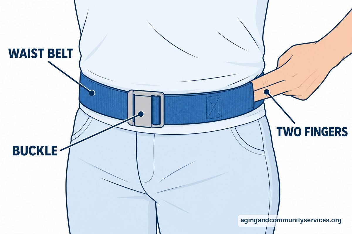 How to Use Gait Belt YouTube Tips and Safe Steps 2 A diagram shows a gait belt lying flat around a clothed waist, a buckle slightly to one side, and two fingers inserted flat beneath the belt.