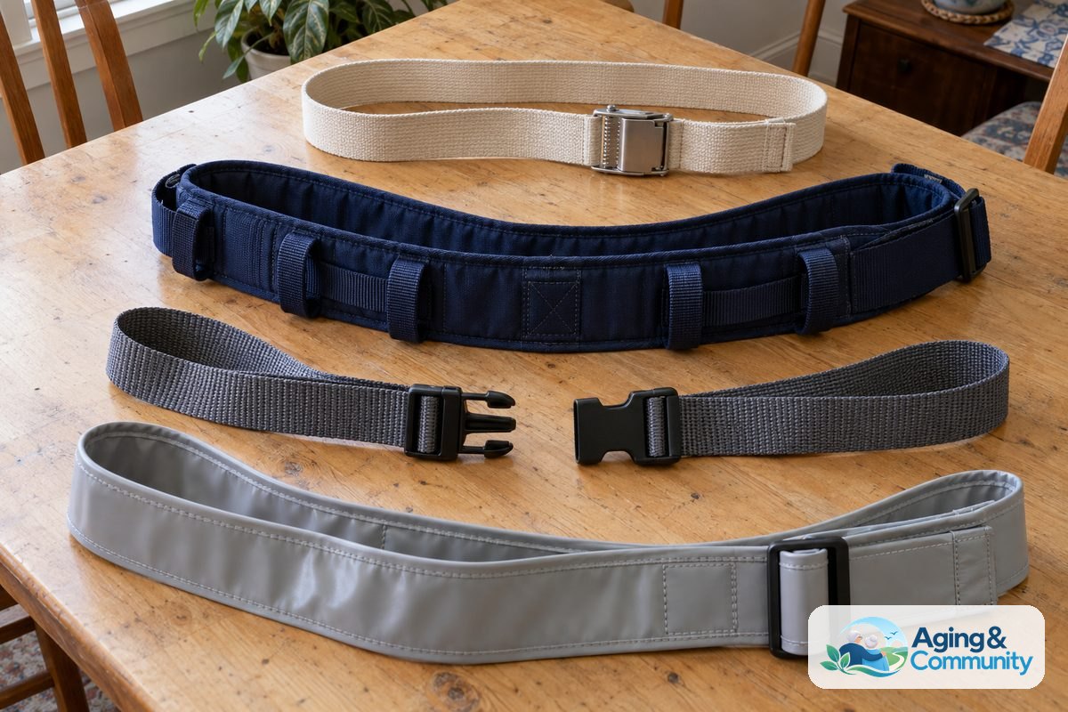 How to Use Gait Belt YouTube Tips and Safe Steps 5 Four gait belts on a wooden table show cotton webbing with a metal buckle, a padded strap with sewn handles, a plastic quick release buckle, and a smooth vinyl surface.