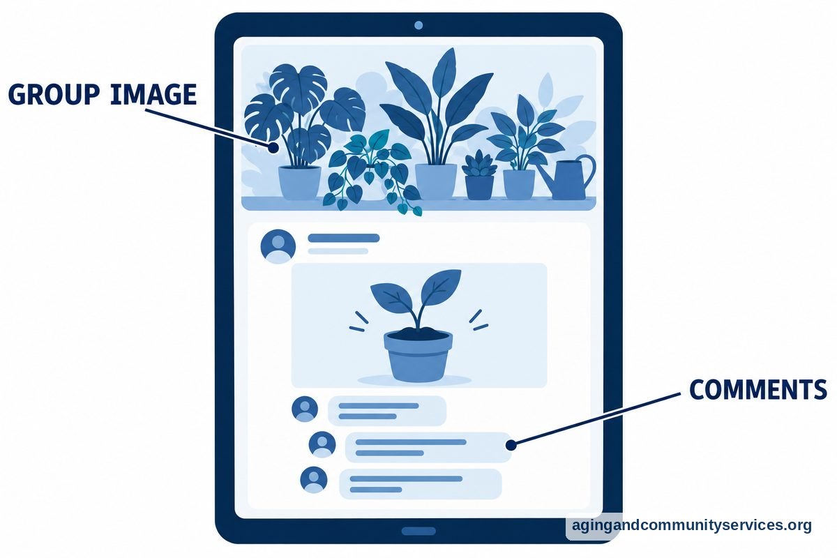 A large tablet drawing shows a gardening group screen with a plant illustration at the top and a comment thread beneath it.