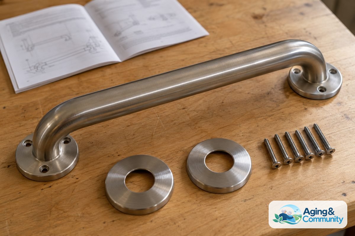 A stainless steel grab bar, mounting screws, flange covers, and an open instruction leaflet rest on a wooden table.