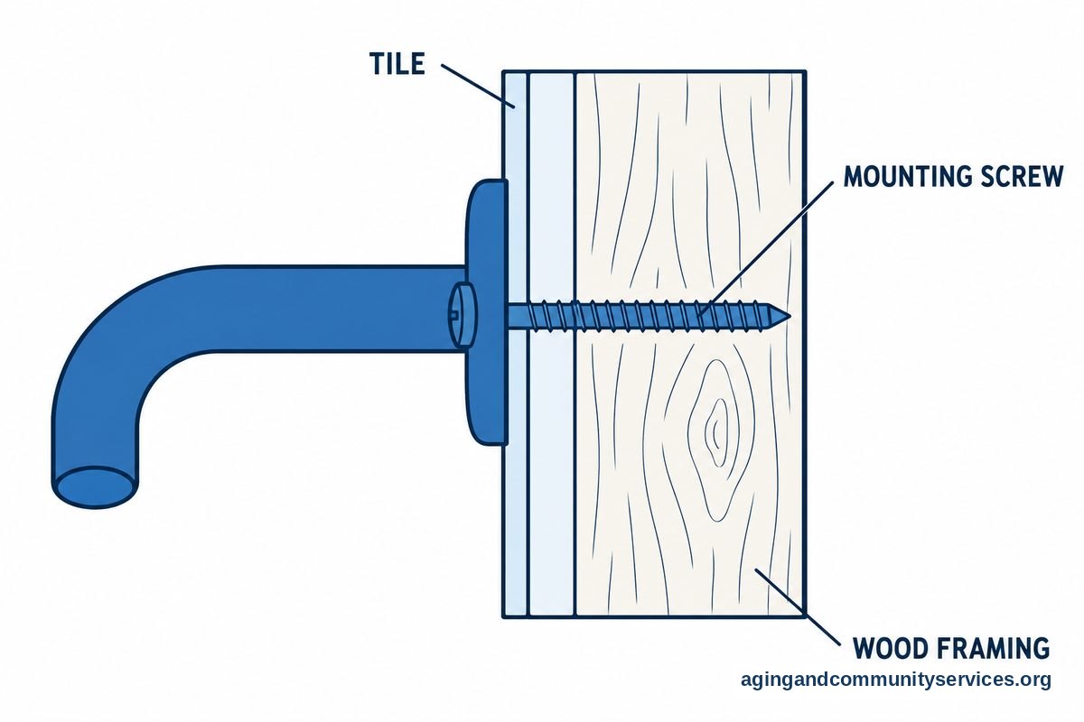 A wall cutaway shows a grab bar flange with a screw passing through tile and backing into solid wood framing.