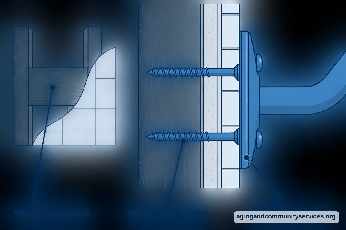 A wall cutaway shows wood blocking between two studs and a grab bar flange secured through the wall into the blocking.