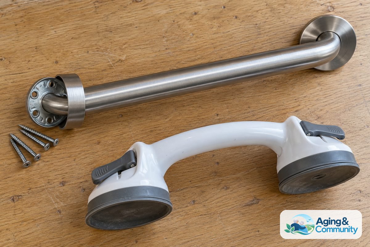 A metal grab bar with an exposed screw mounting flange lies beside a plastic suction grab bar with two rubber cups and locking levers.