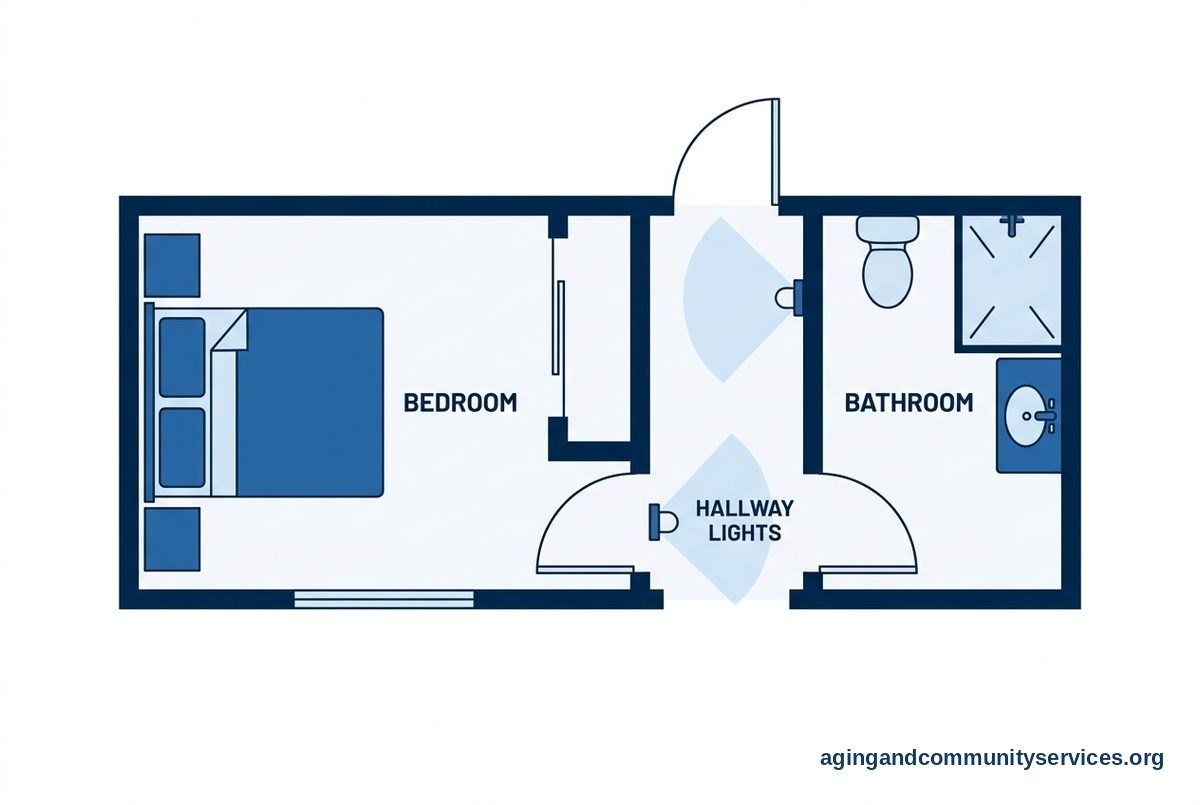 A top view shows a bedroom connected to a bathroom by an open hallway with two wall mounted lights.