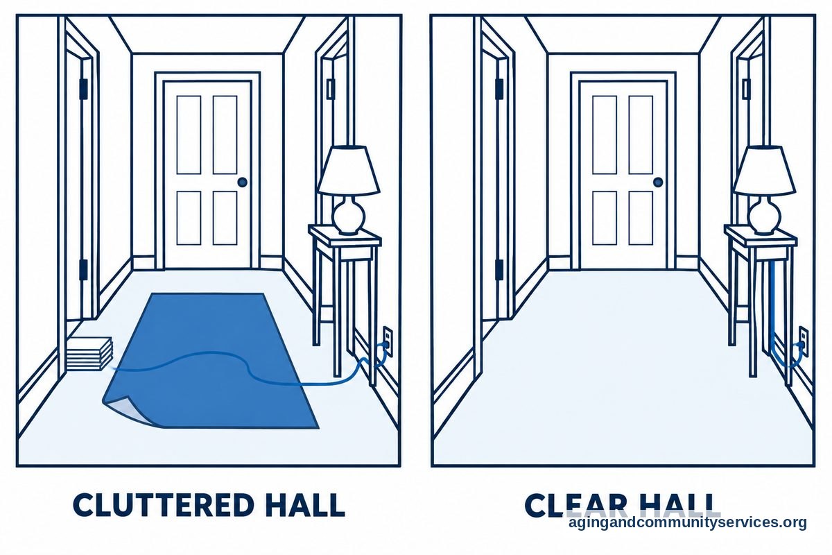 Two matching hallway drawings show a loose rug, a cord, and stacked papers in one walking path and an unobstructed path in the other.