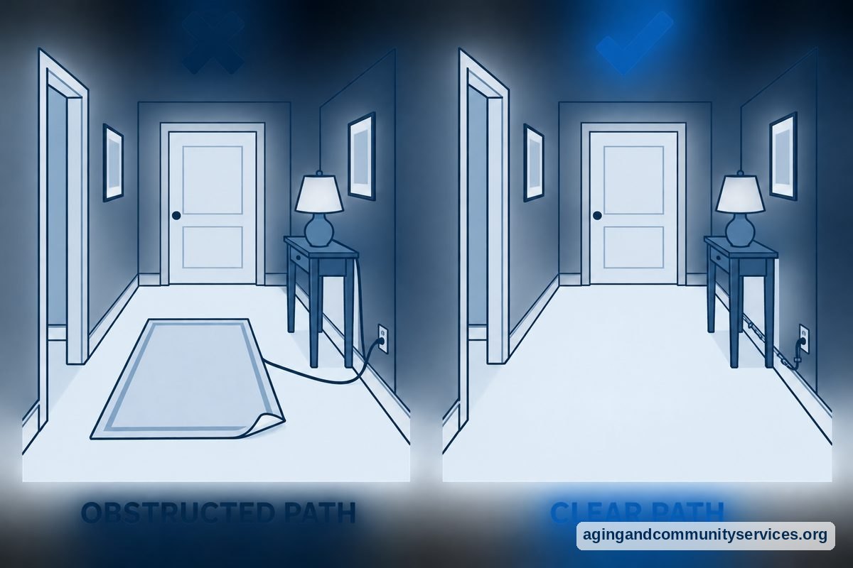 Two matching hallway drawings show a cord and curled rug across one walking path and an unobstructed floor in the other.