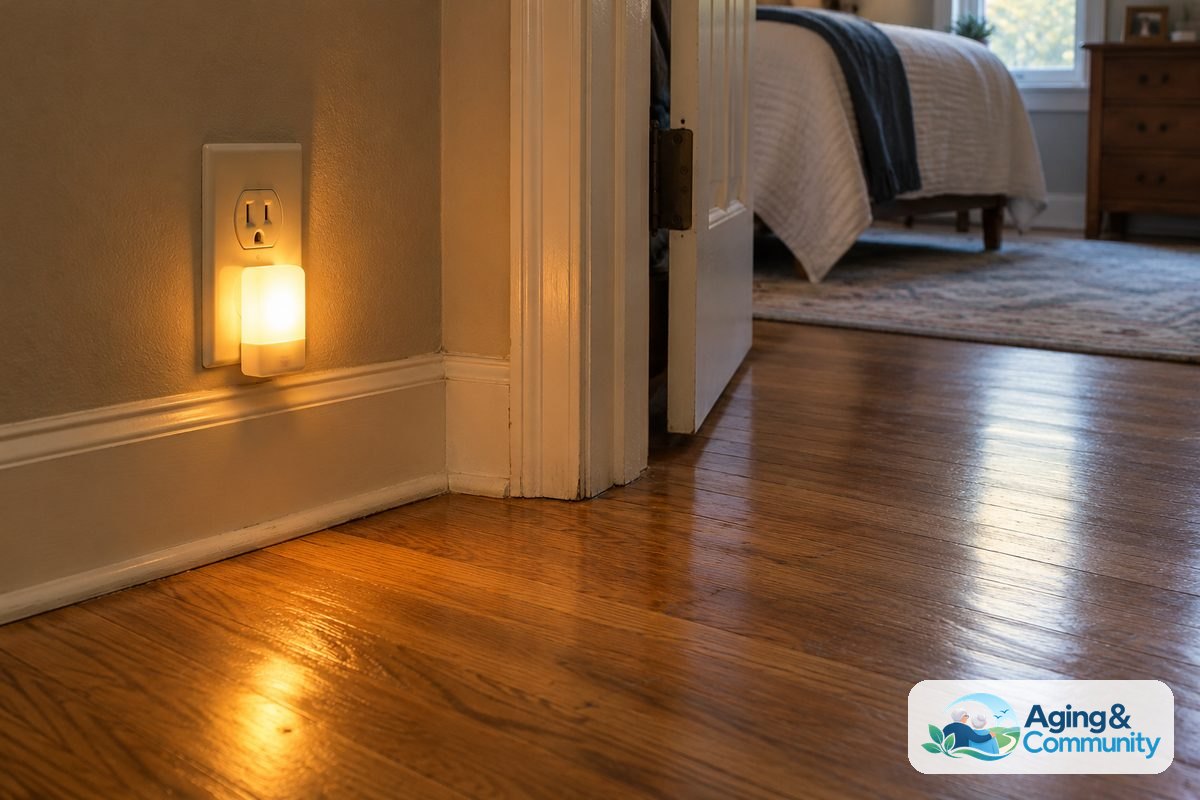 A compact night light plugs directly into a hallway outlet above a clear wood floor beside an open bedroom doorway.