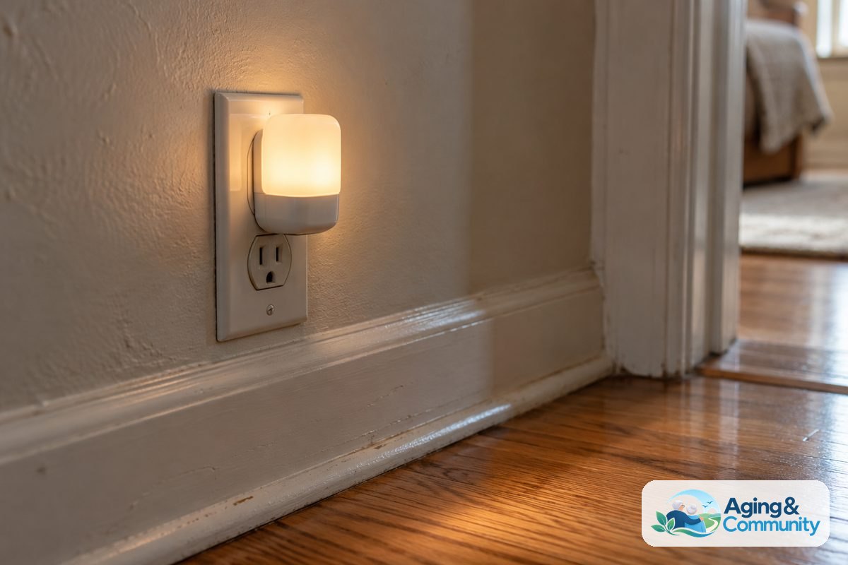 A small plug in night light glows in a low hallway outlet above an unobstructed wooden floor.