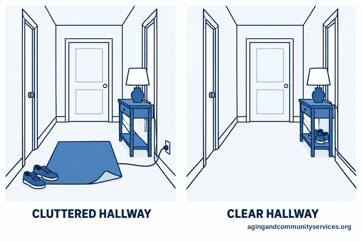 Two matching hallway drawings show a loose rug, floor cord, and shoes in the walking path before those items are removed or moved aside.