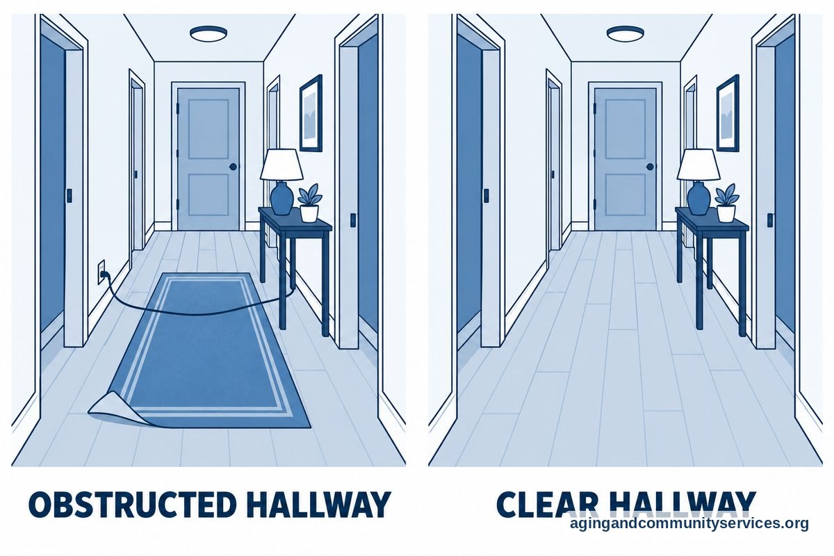 Two views of the same hallway show a loose rug and a cord crossing the floor on the left and an unobstructed floor on the right.