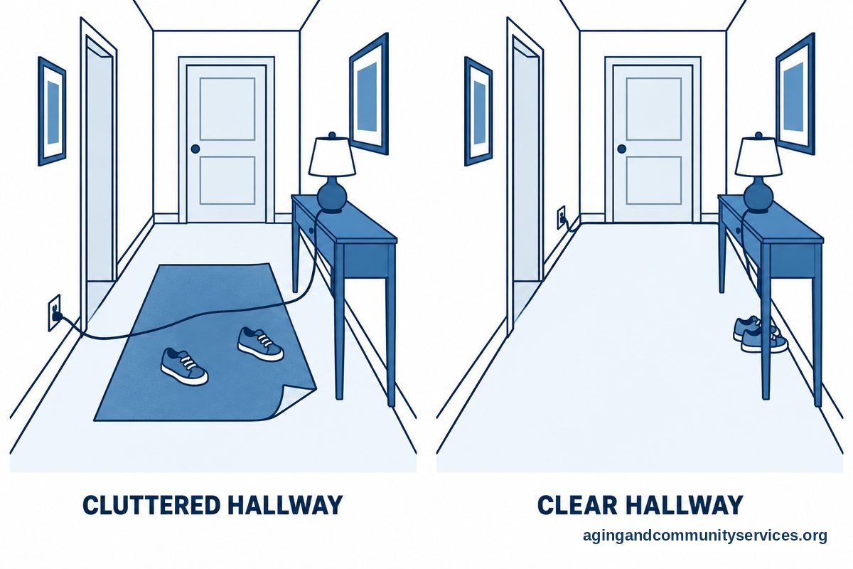 Two views of the same hallway show a loose rug, shoes, and a cord in the walking path on the left and a clear path on the right.