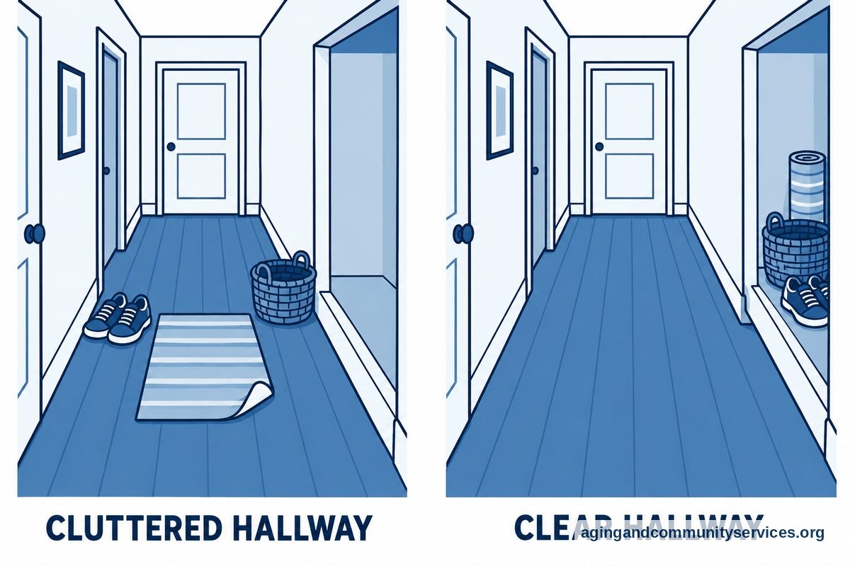 Two drawings show the same hallway with shoes, a basket, and a loose rug in the walkway on the left and those items stored away on the right.